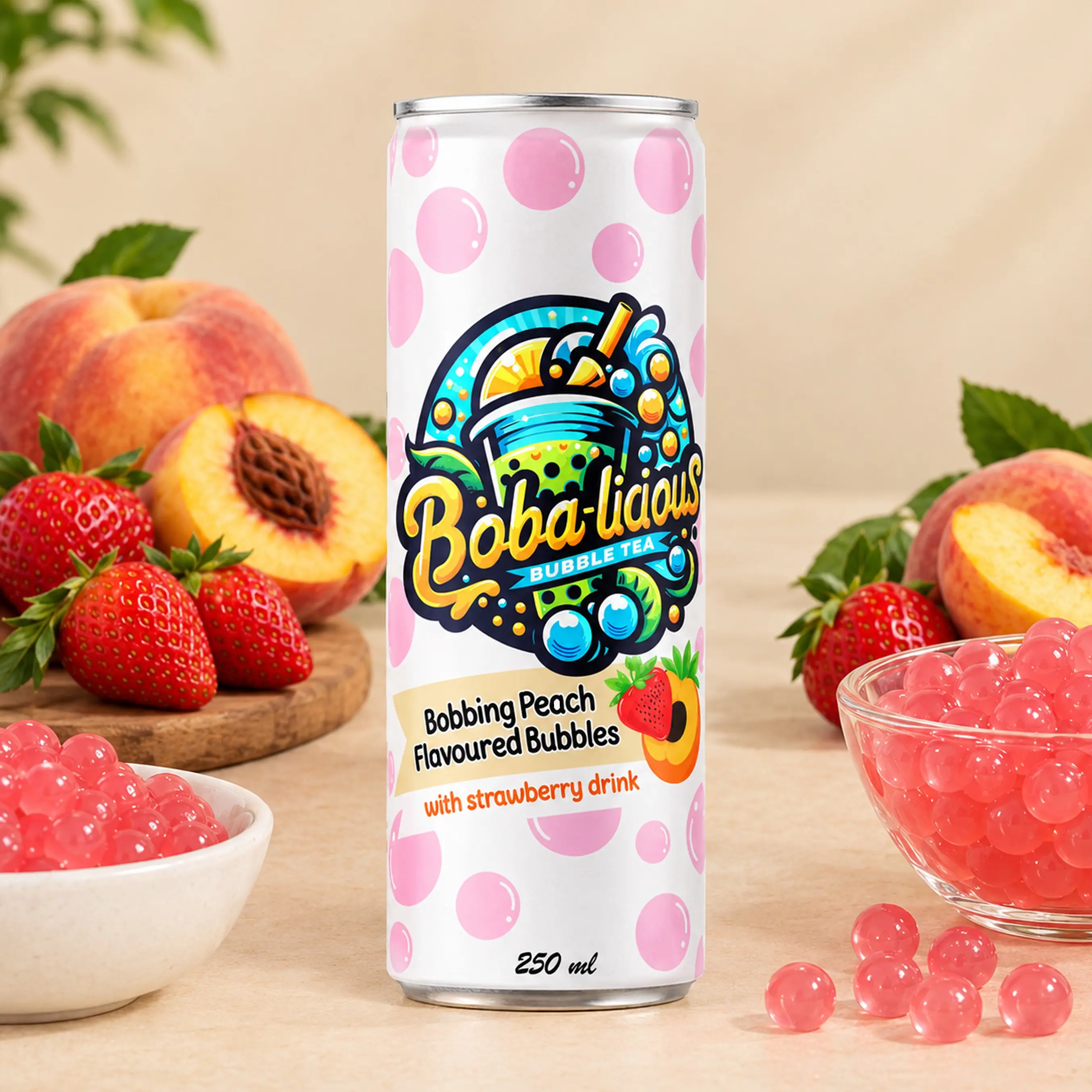 BUBBLE TEA Boba-licious Peach 250 ml can with peach flavoured bubbles, strawberry drink, fresh peaches, strawberries and popping boba.